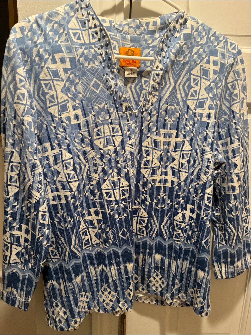 Ruby Rd. Blue & White Geometric V-Neck Studded Tunic